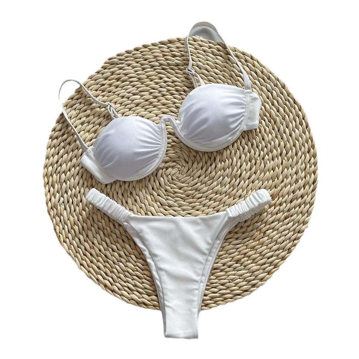 Women's underwire bikini swimsuit set in Khaki, White, or Black colours.