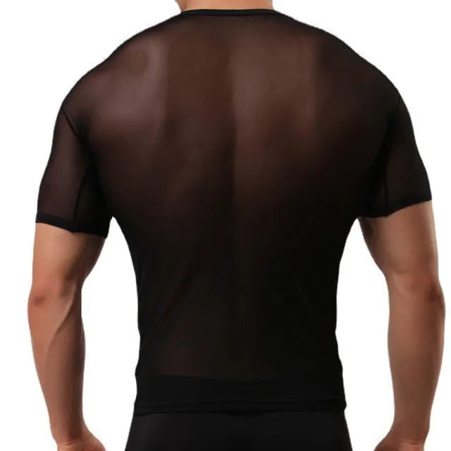 Men's slim fit transparent mesh T-shirt in solid colour with short sleeves