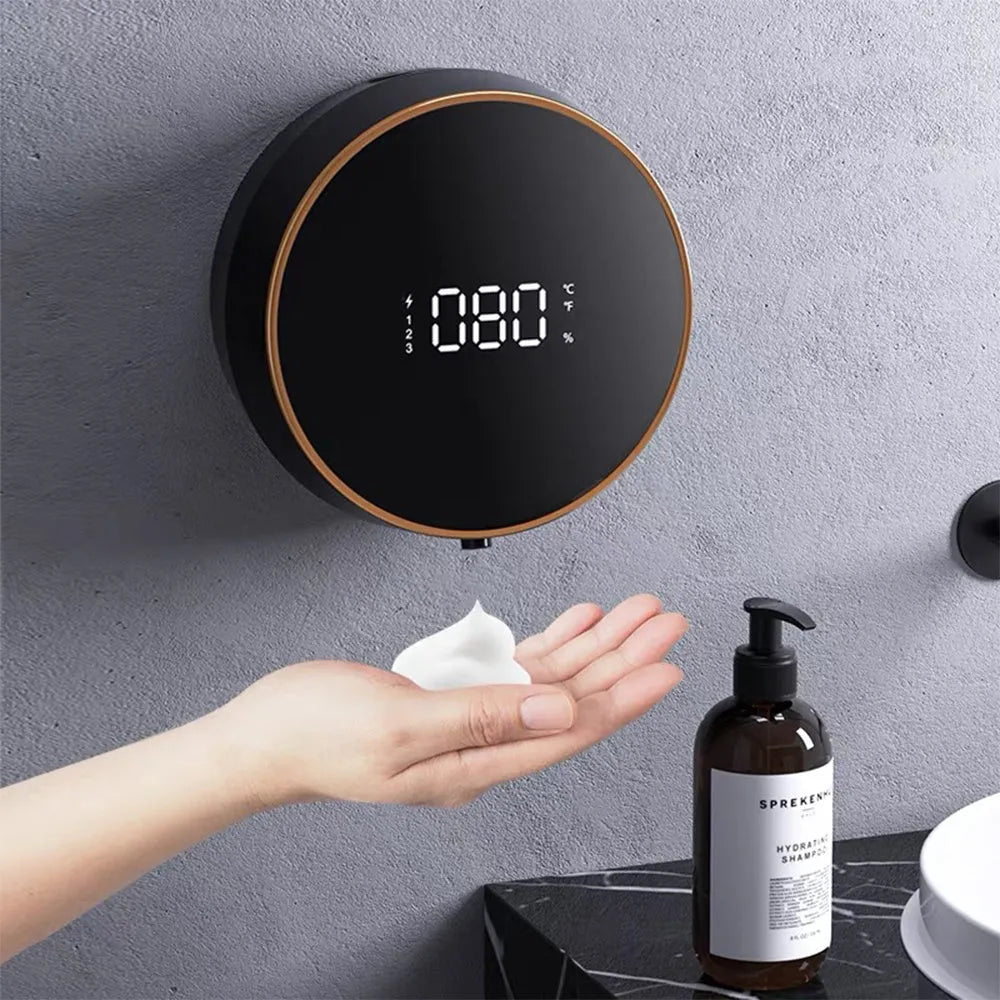 Black automatic wall-mounted foam soap dispenser with USB charging port