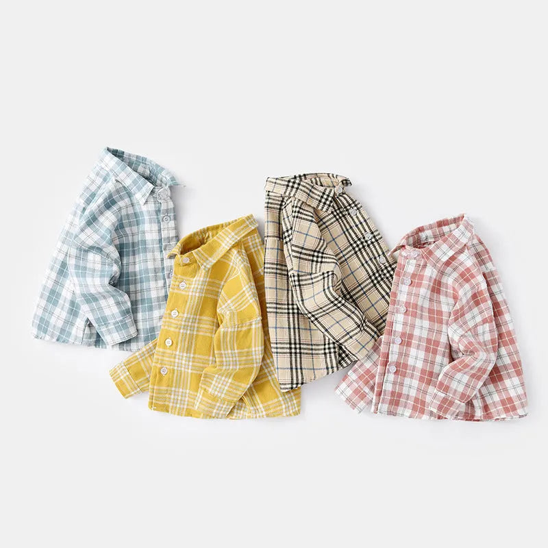 Boys' long sleeve cotton shirt with lattice and cartoon patterns in khaki, shown on a hanger