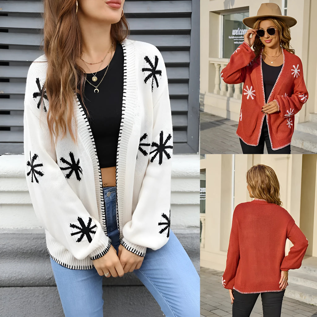 Women's plus size jacquard floral pattern knitted coat in beige colour with loose-fitting cardigan design
