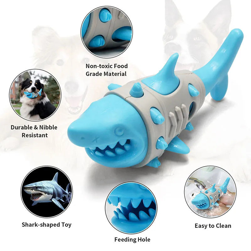 Blue grey yellow dog teething toy with shark-tooth pattern and bite-resistant rubber construction