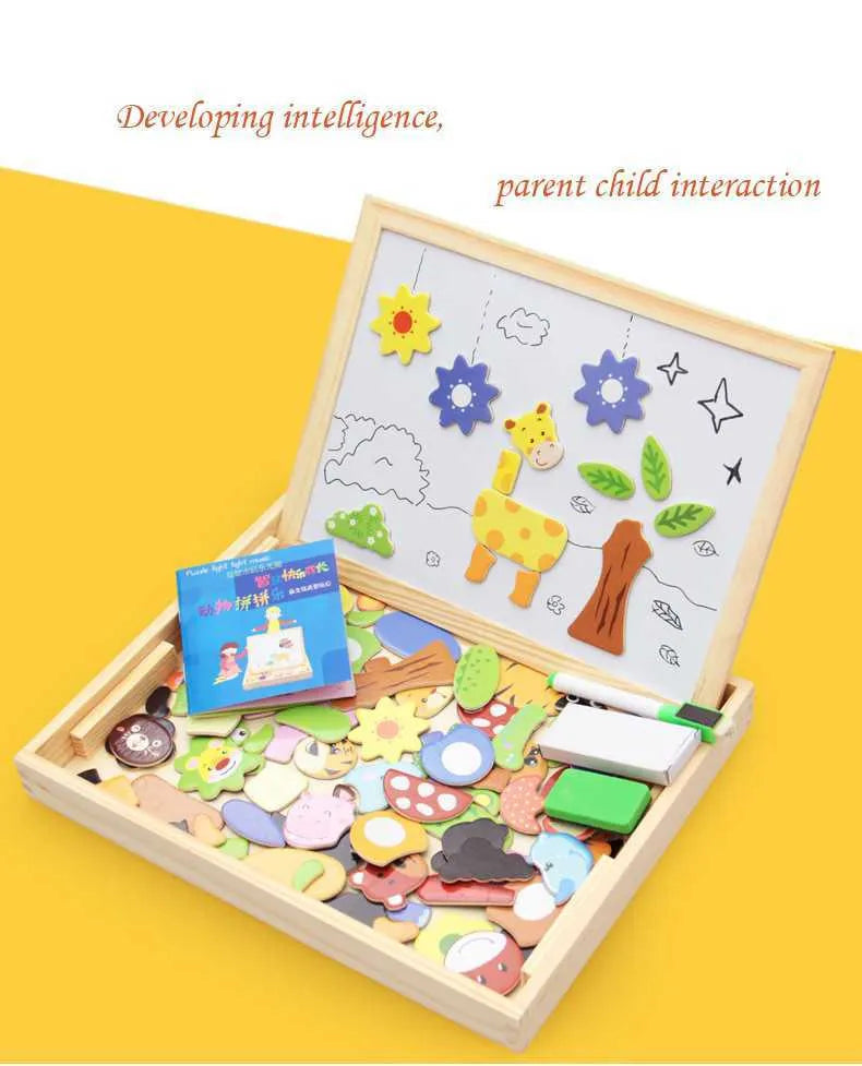 Wooden magnetic puzzle board with animal and zodiac theme pieces for children's educational play