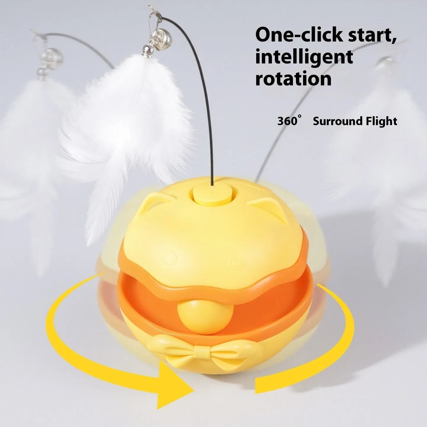 Lemon Yellow electric cat toy tumbler on a wooden floor, showing its compact circular design.