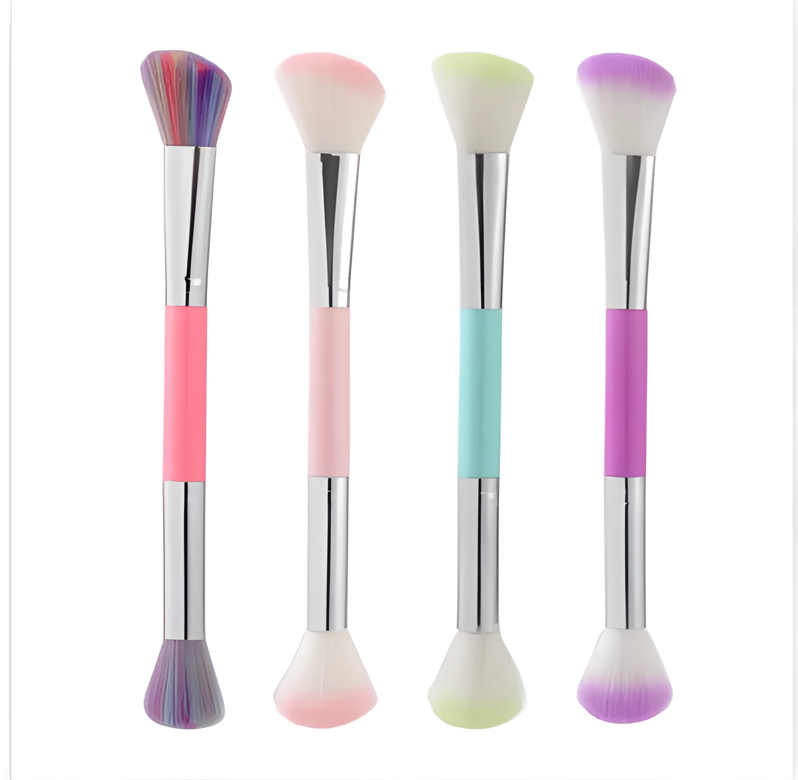 Double-headed makeup brush with soft synthetic fibre hair in colourful colour option for powder blush and highlighter