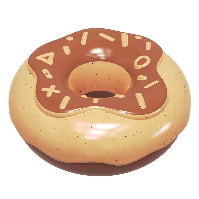 Pink, yellow, and chocolate ball coloured donut dog toy for molar teeth cleaning with sound feature.