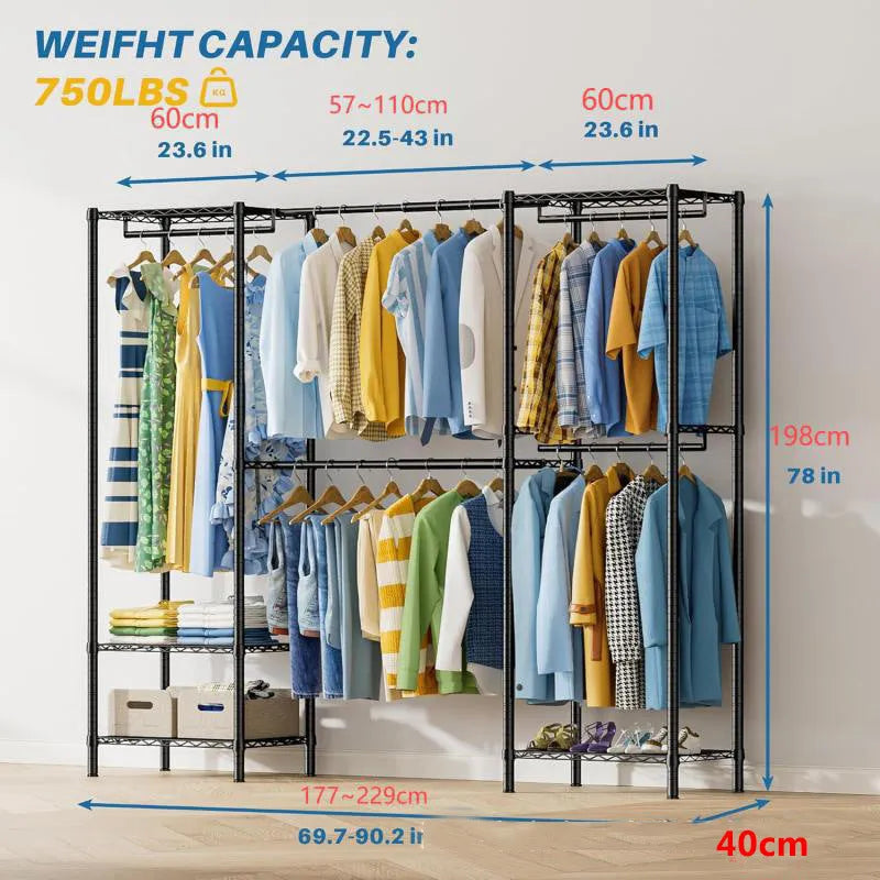 Black metal floor-standing storage rack for clothing organisation.