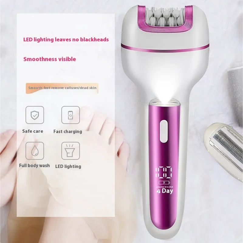 Pink three-in-one electric depilator with plucking head, shaver, foot grinder, and USB charging cable on white background