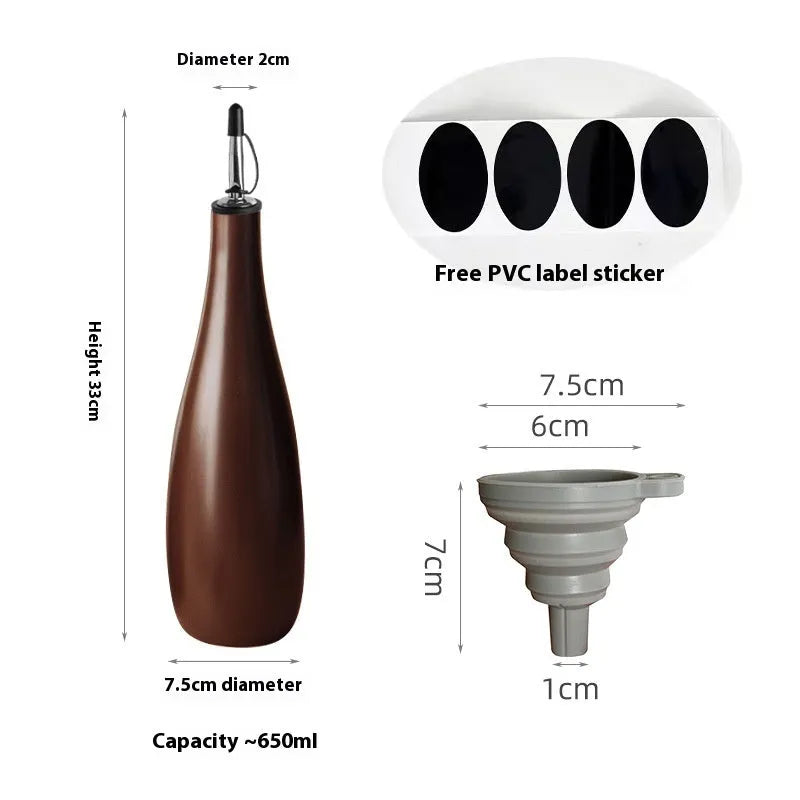 Ceramic oil pot with funnel and brush, 650ml capacity in black, coffee, or white ceramic