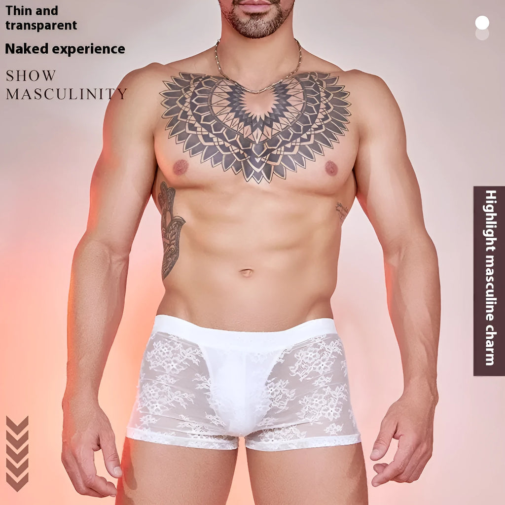 Men's black boxers with decorative lace fabric panels laid flat.