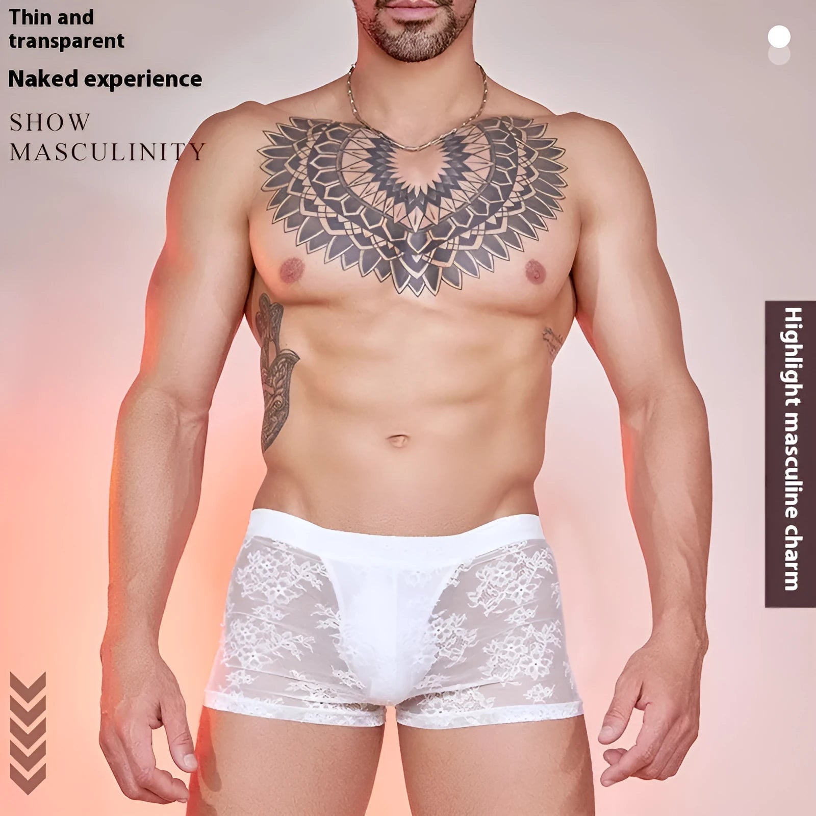 Men's black boxers with decorative lace fabric panels laid flat.