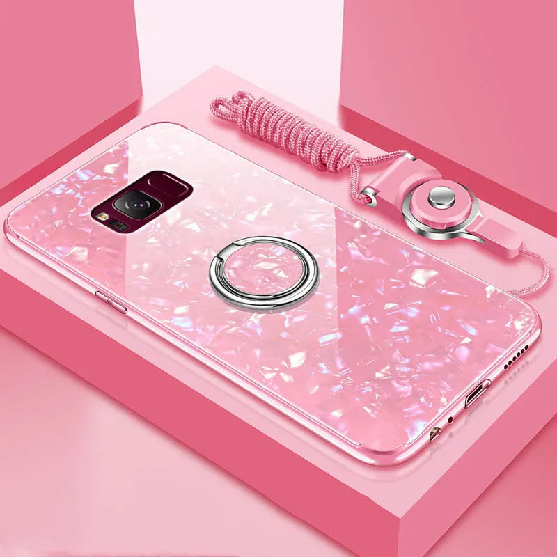 Tempered glass phone case for Samsung Galaxy S8 and S9 in black, pink, red, and white colours.