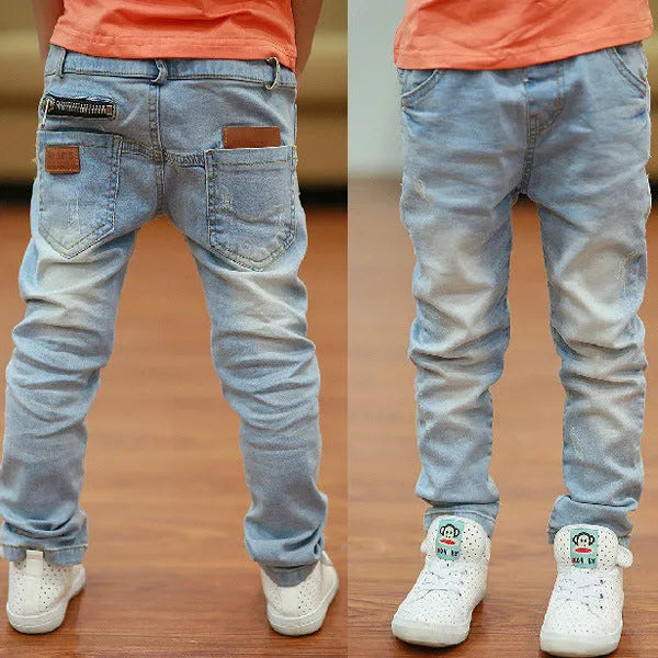 Boys striped denim harem trousers with elasticated waistband for spring and autumn casual wear