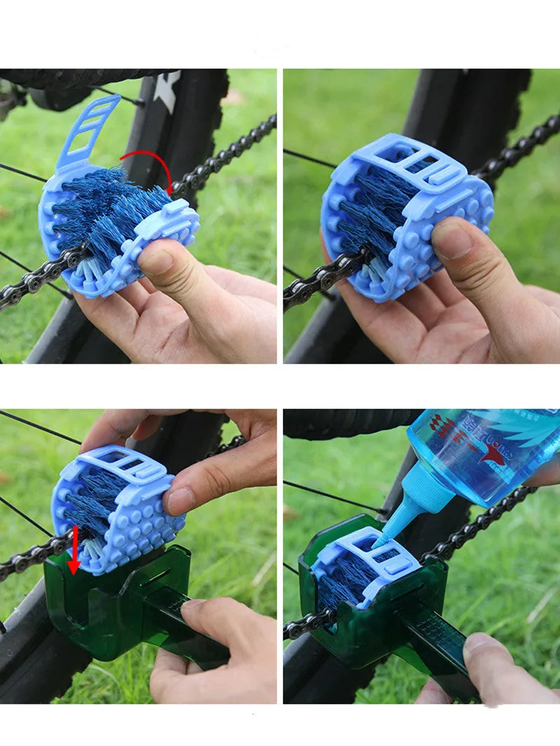 Bicycle chain cleaner scrubber brush set with PC plastic housing, soft brush, and wear-resistant sponges for mountain bike cleaning