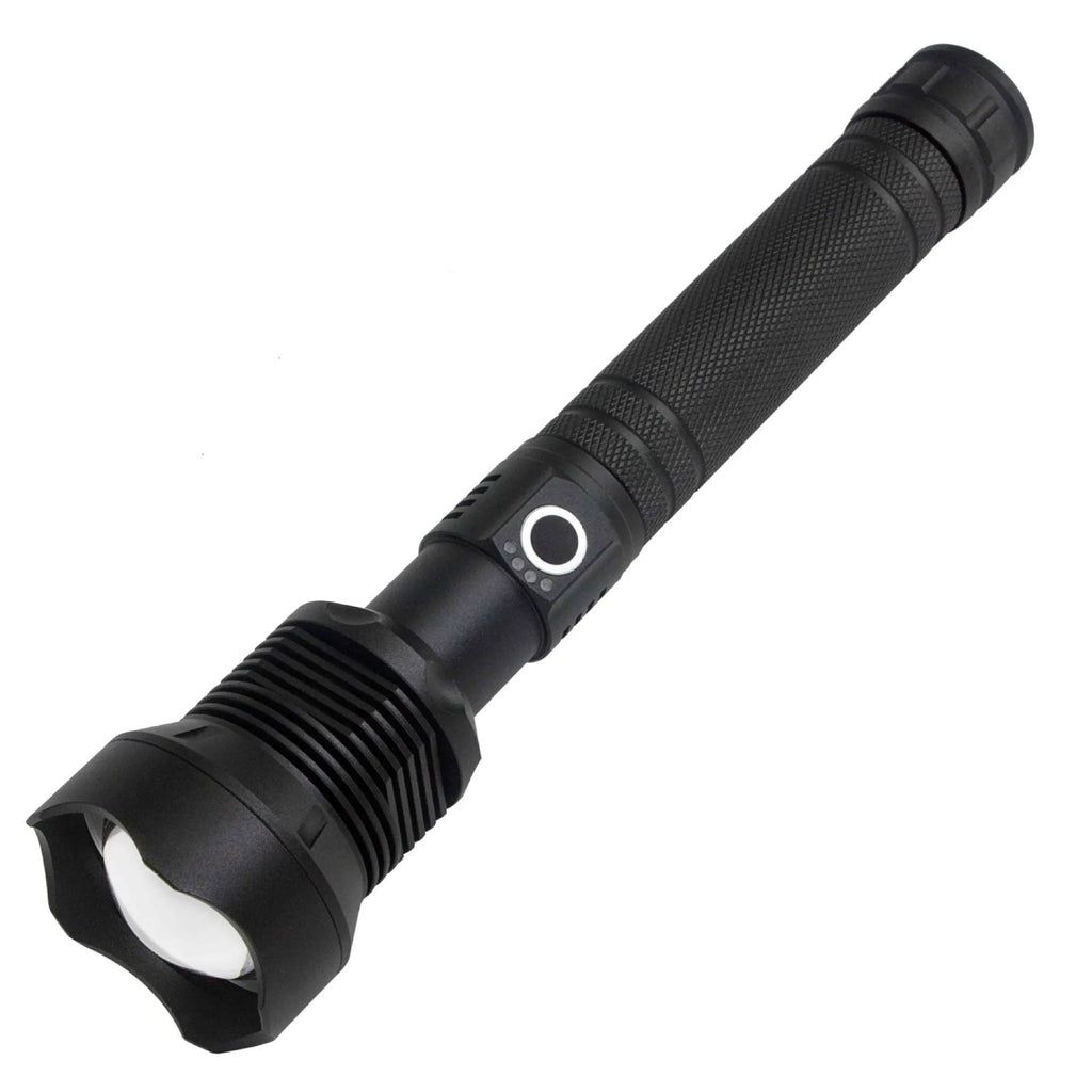 Black USB rechargeable P70 LED flashlight 4000 lumens with telescopic zoom and aluminium alloy body on outdoor background