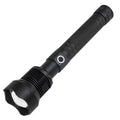 Black USB rechargeable P70 LED flashlight 4000 lumens with telescopic zoom and aluminium alloy body on outdoor background