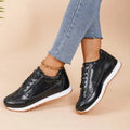 Women's thick-soled casual sneakers in black with square toe design and PU leather upper
