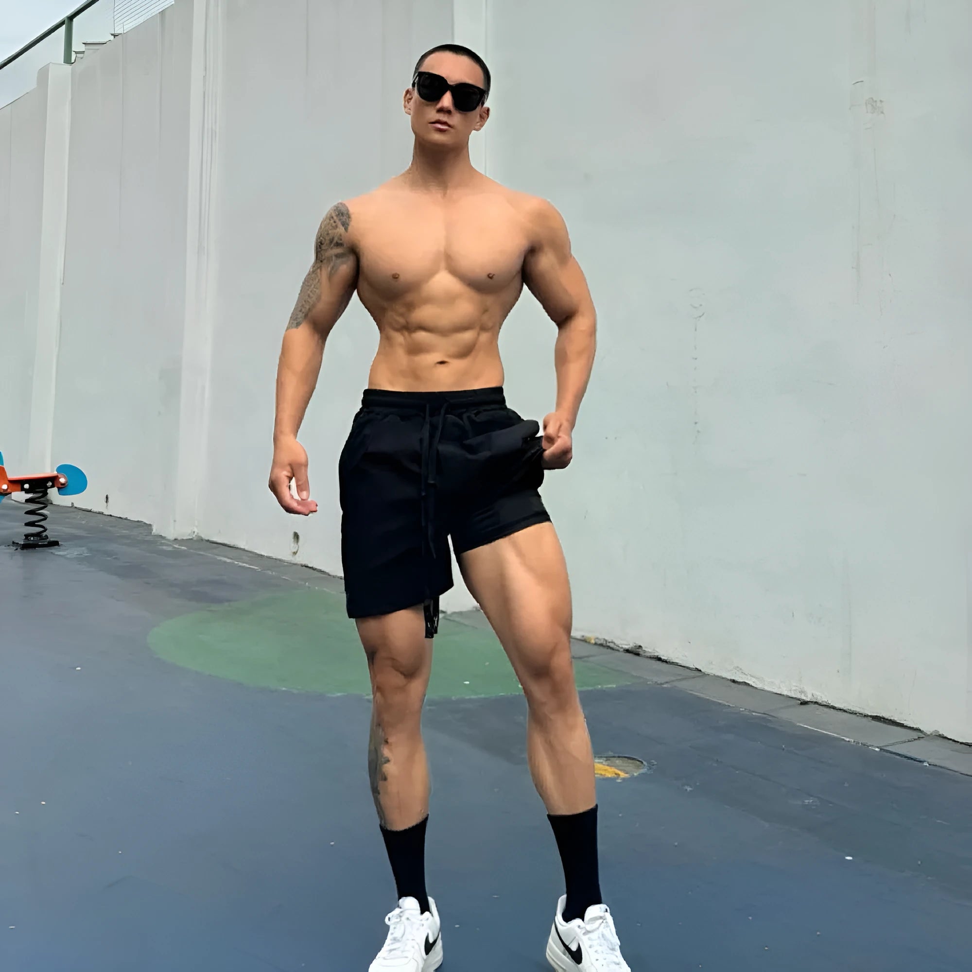 Men's nylon quick-dry shorts in khaki colour, showing double-layer casual design.