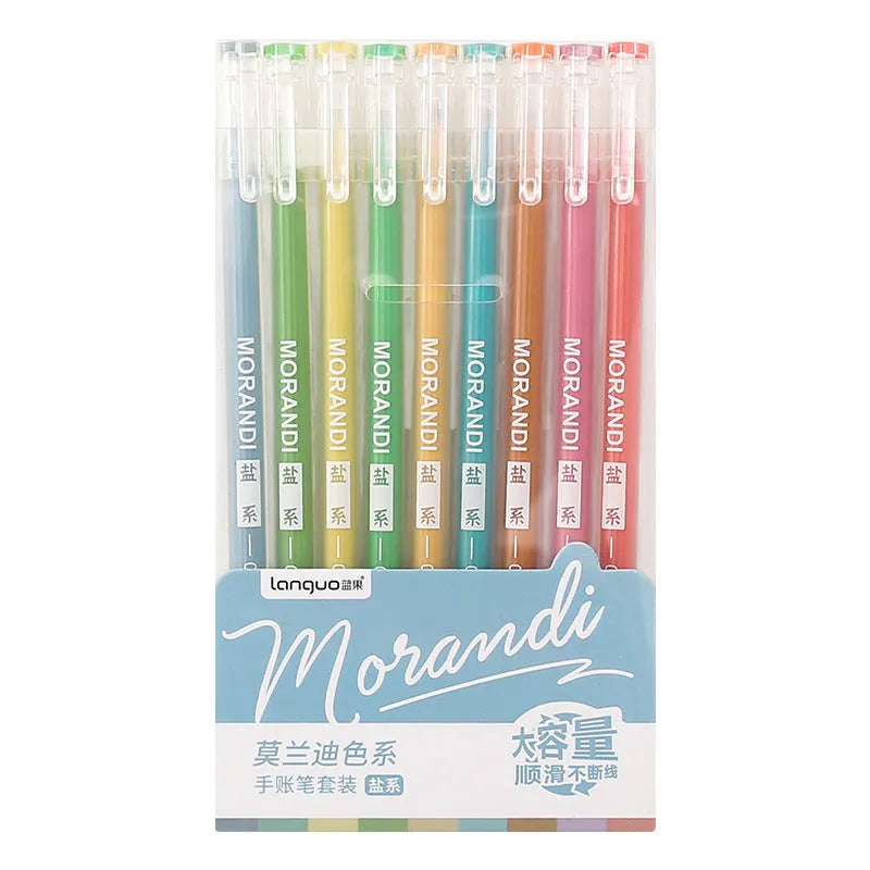 Set of nine retro-style coloured gel pens with 0.5mm needle tips on a white background.