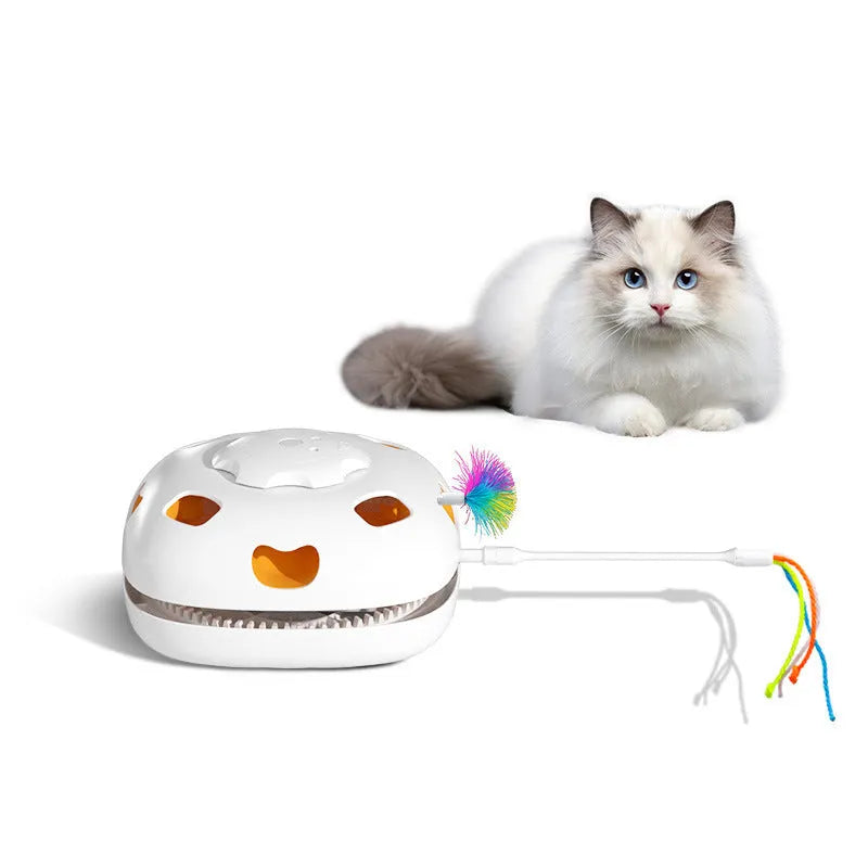 Automatic self-play cat teaser toy with picture colour design on white background