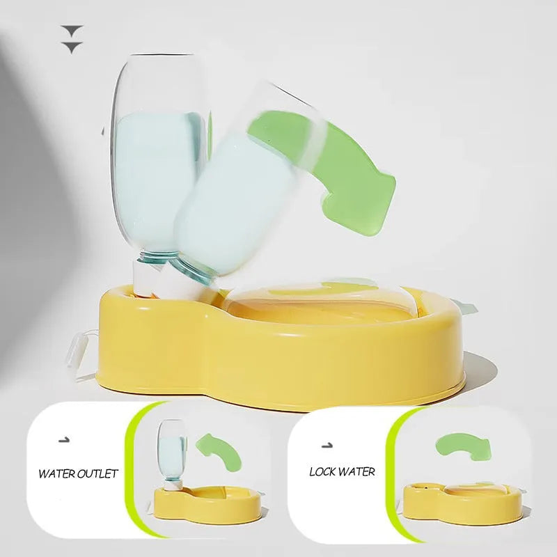 Green portable dog water bottle with pull-out drinking bowl, shown next to a dog.