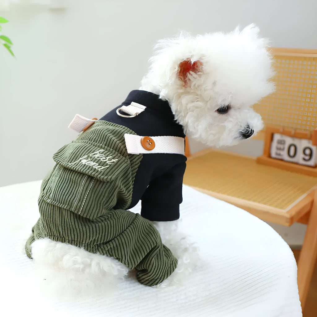 Corduroy pet overalls for dog or cat in good friend work clothes style, polyester fabric, size XS to XL