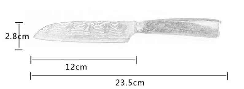 Stainless steel kitchen knife with coloured wood handle and laser Damascus pattern on the blade