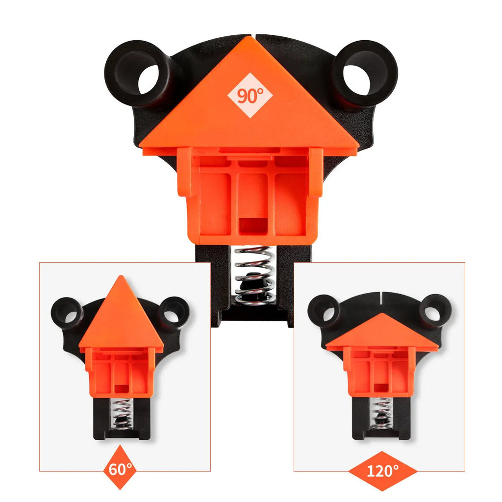 Four plastic 90 degree right angle woodworking clamps for picture frame assembly