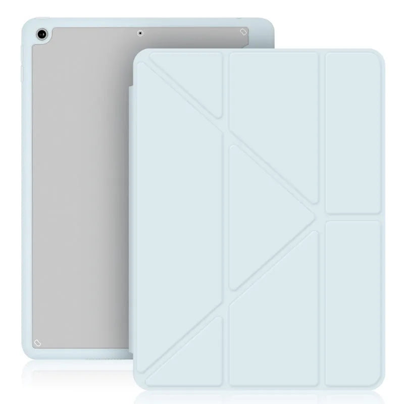 Acrylic Y-folding protective case for iPad with integrated pen slot, shown in dark grey.