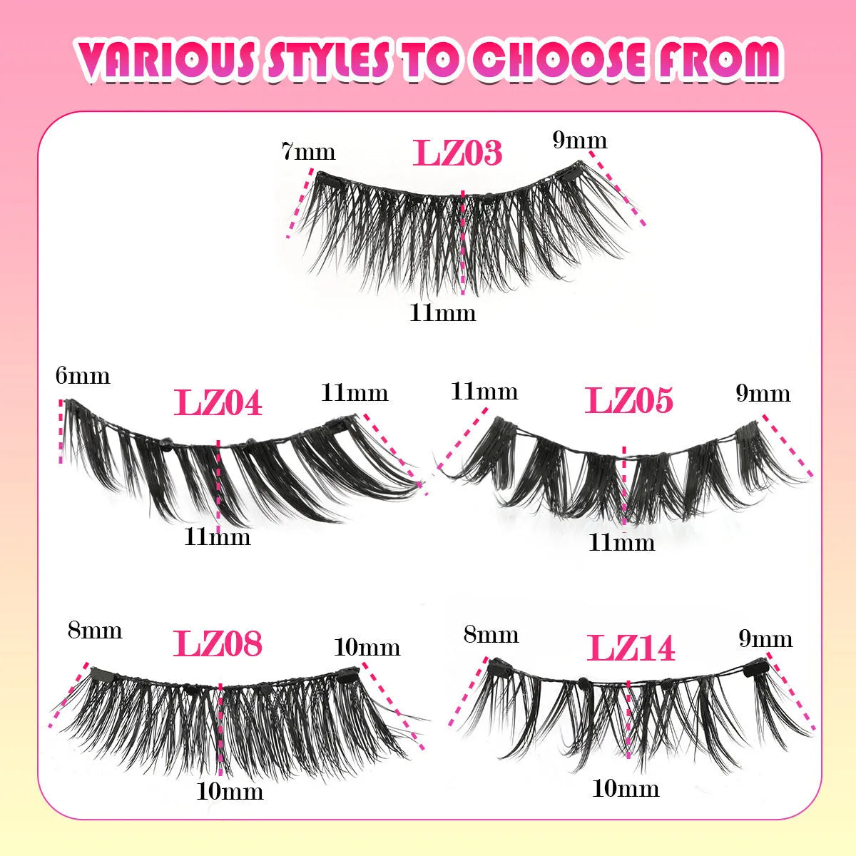 Set of five pairs of reusable, waterproof, glue-free false eyelashes on a clean background.