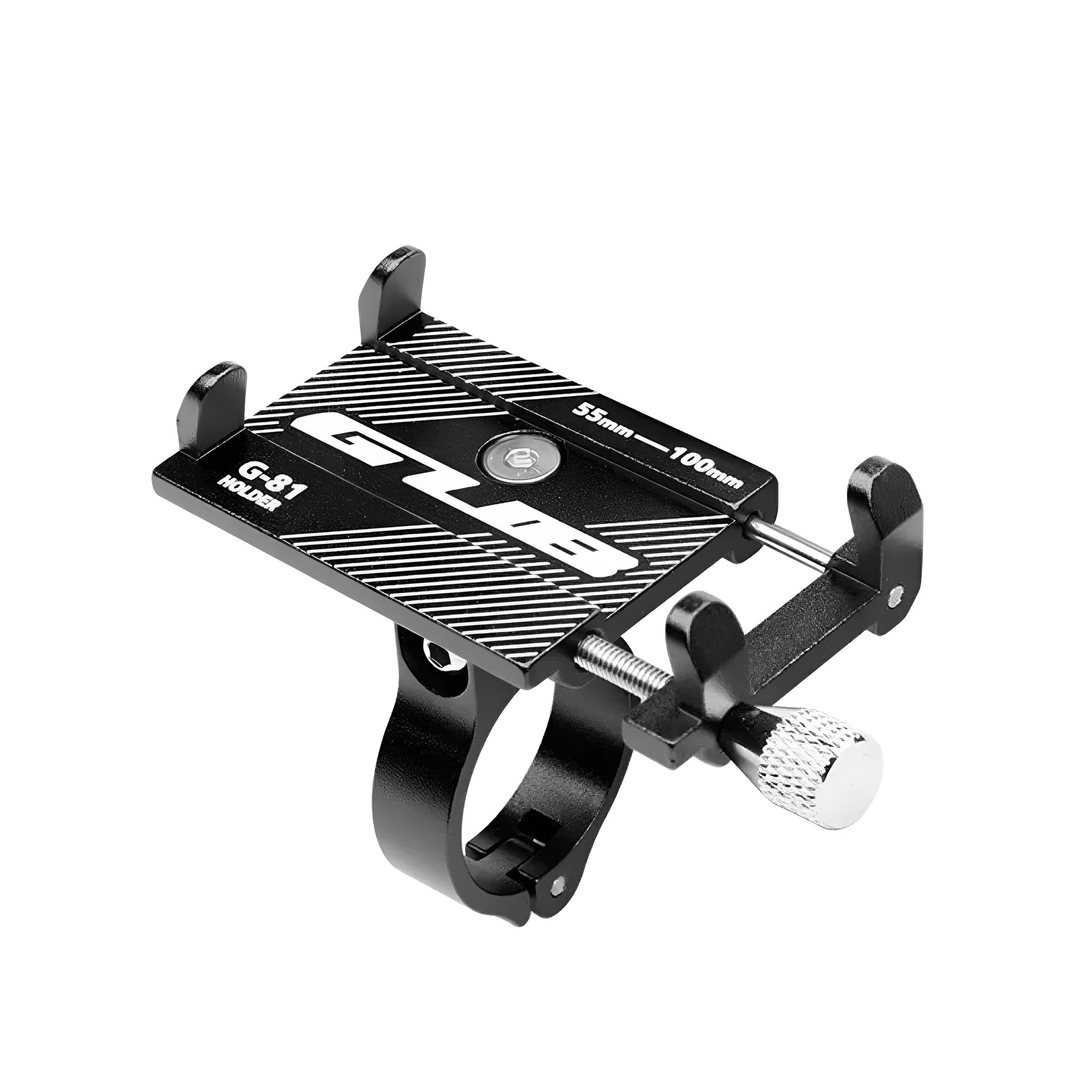 Aluminium alloy bicycle phone holder with 360-degree rotation on a bike handlebar.