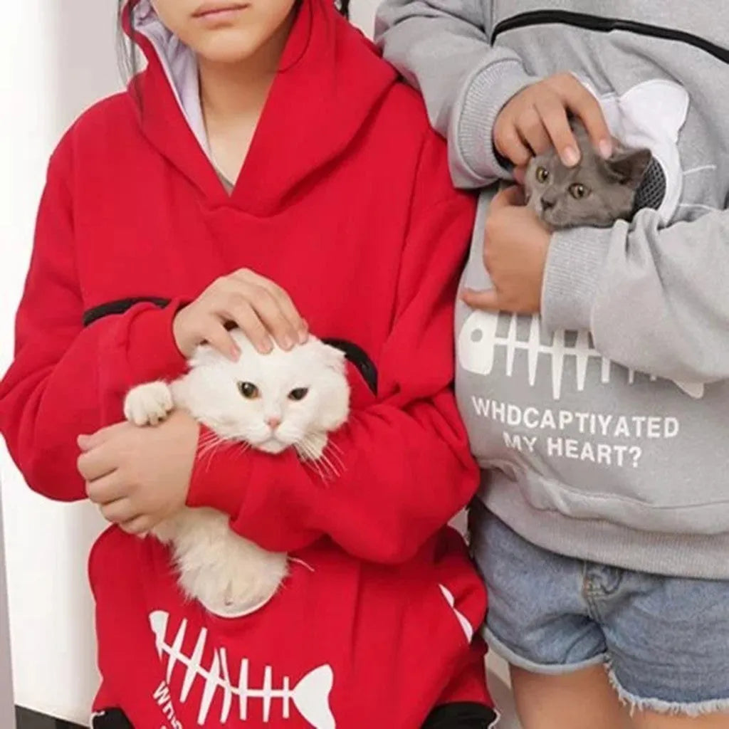 Women hoodie sweatshirt with cat pet pocket design, long sleeve cotton sweater in beige colour