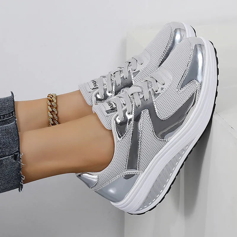 Women's gold mesh platform trainers with cross strap and mid heel