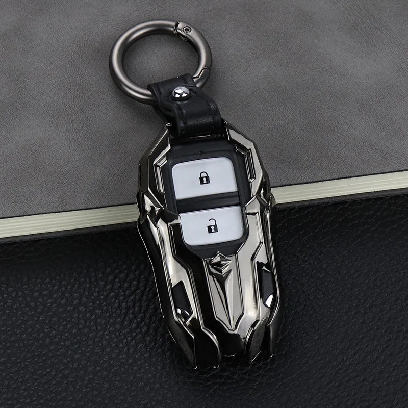 Black zinc alloy car key cover with highlight polish finish protecting a key fob