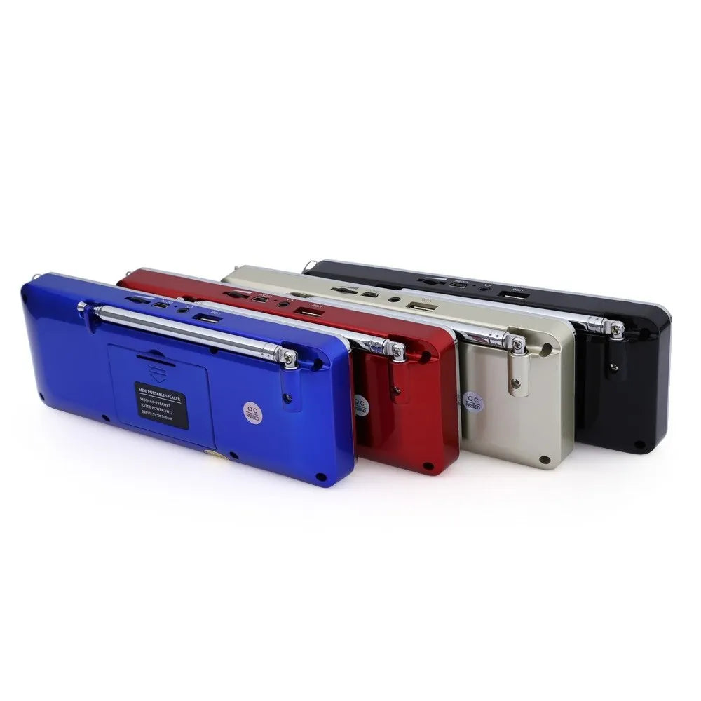 L-288AMBT portable Bluetooth speaker with LCD screen showing radio frequency, available in black blue gold red colours
