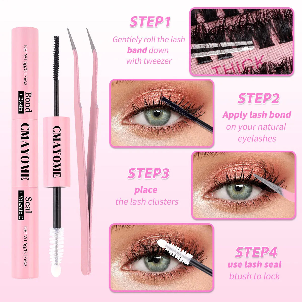 DIY false eyelashes extension kit showing single cluster lashes and eyelash tweezers on a clean surface