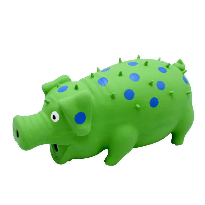 Blue latex squeaky pig dog chew toy with textured surface for teeth cleaning, shown next to tape measure showing 20cm length