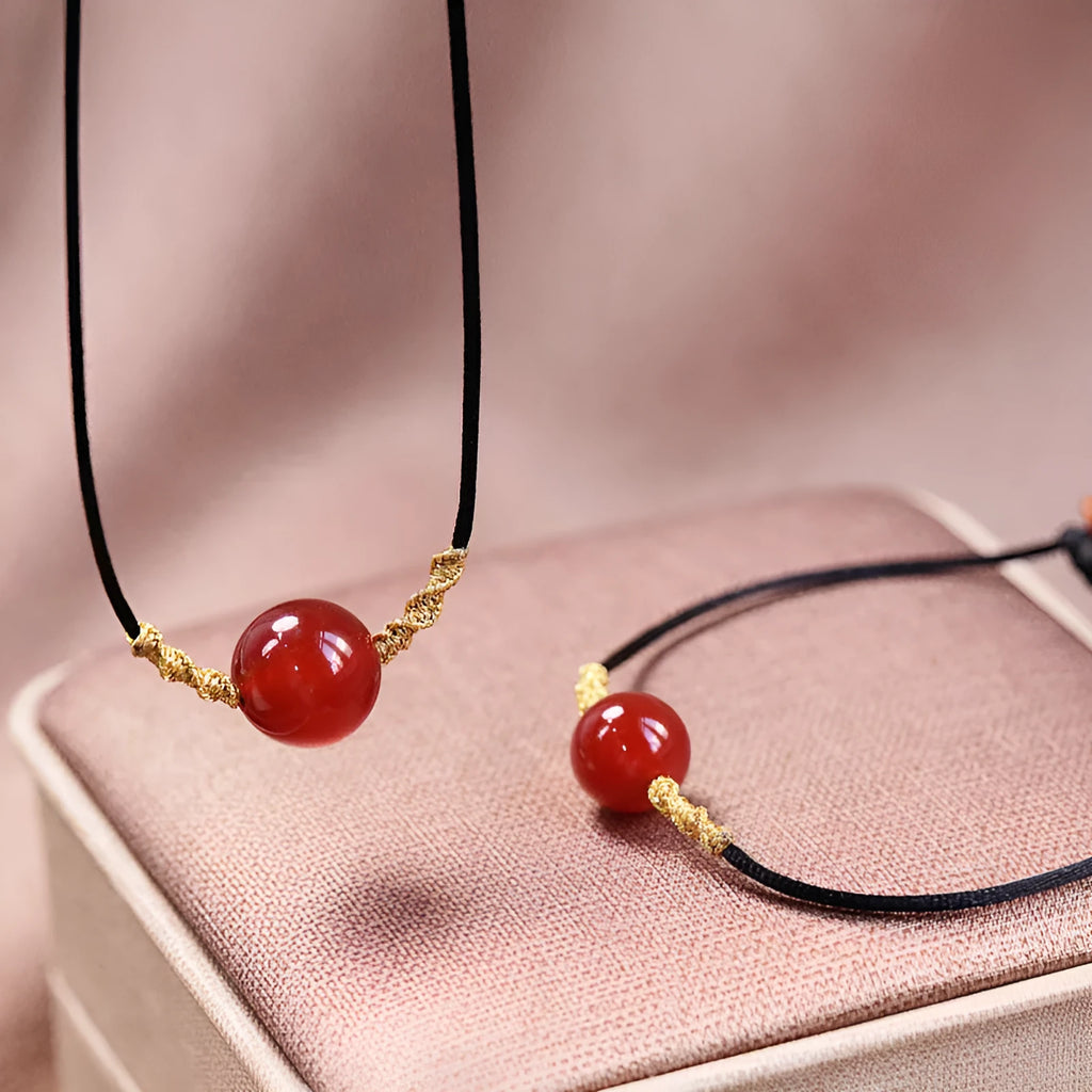 Hand-woven natural red agate bracelet and necklace set with bean beads in national style design