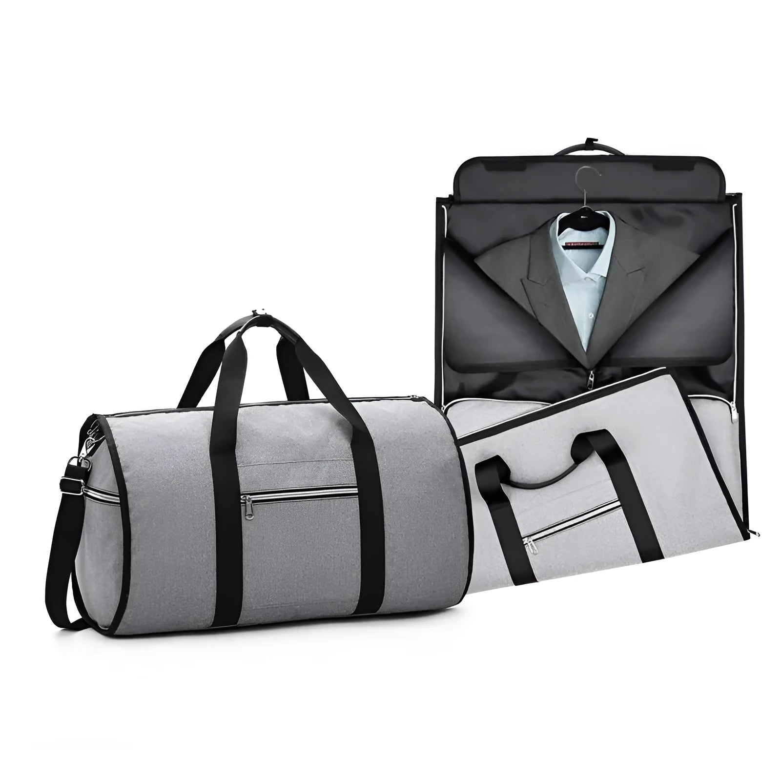 Medium-sized cylindrical travel bag in black Oxford cloth with a zipper and carrying handles.