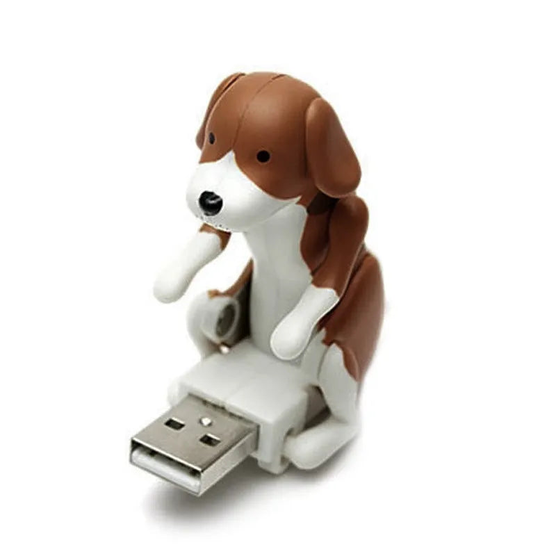 Brown USB-powered dog desktop toy, 60x30x60 mm, with USB connector, front view on white background