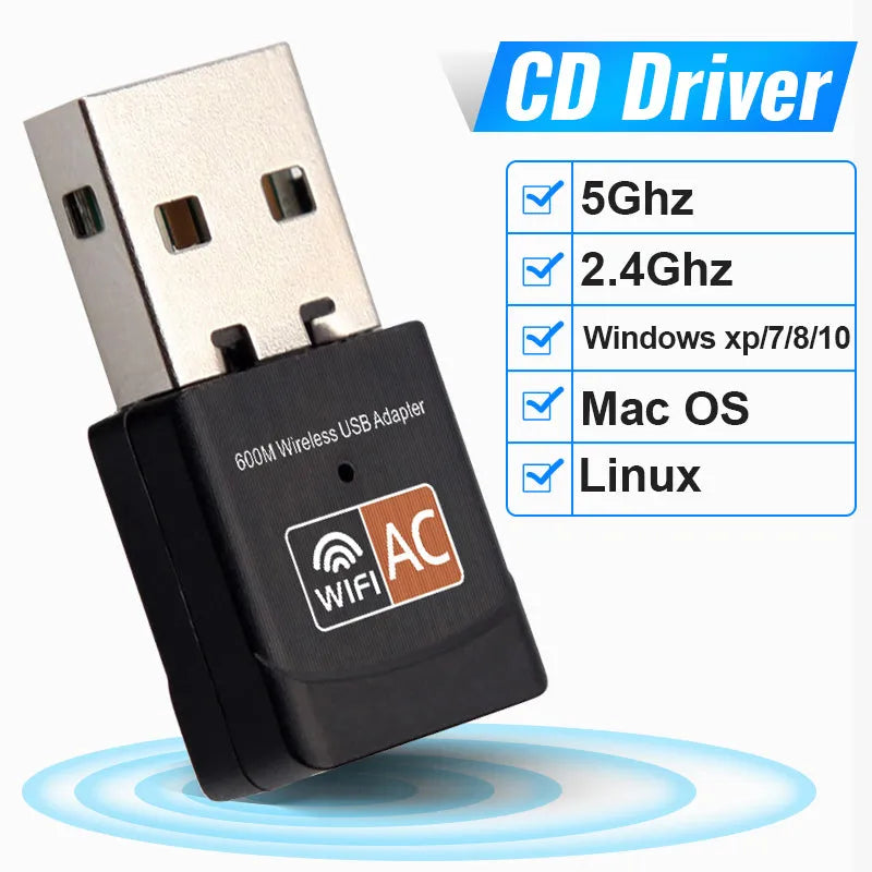 Mini dual band 600M wireless network card USB adapter black 27x14x8mm with 5GHz 2.4GHz support