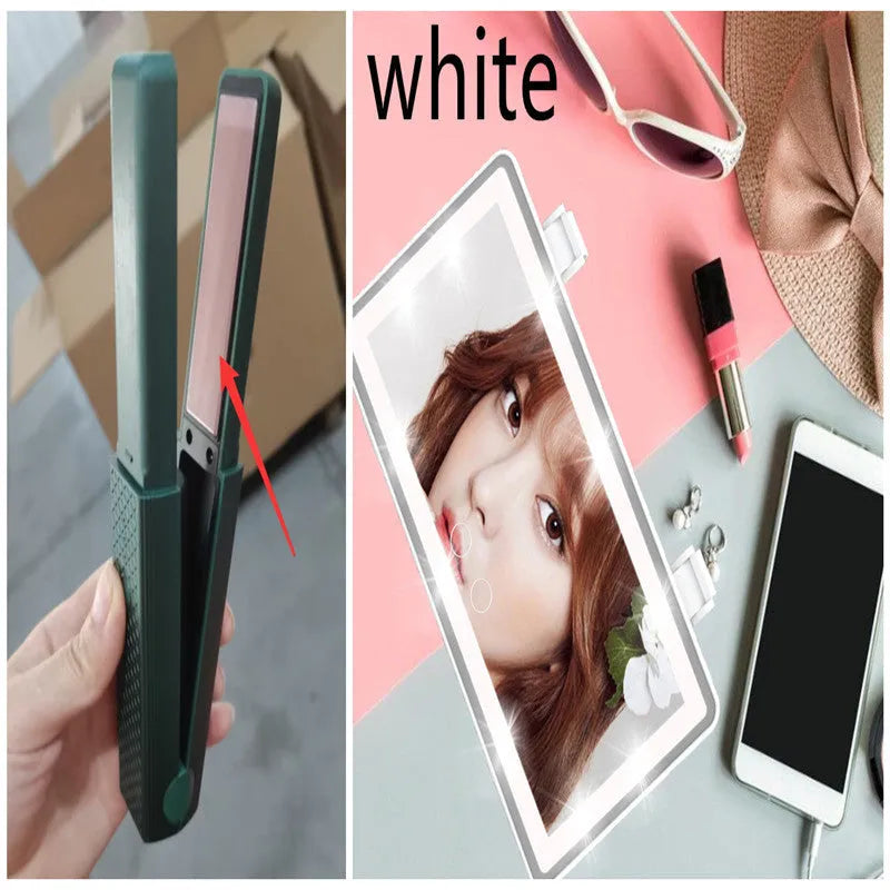 Pink and green cordless USB hair straightener with ceramic plates and digital temperature display.