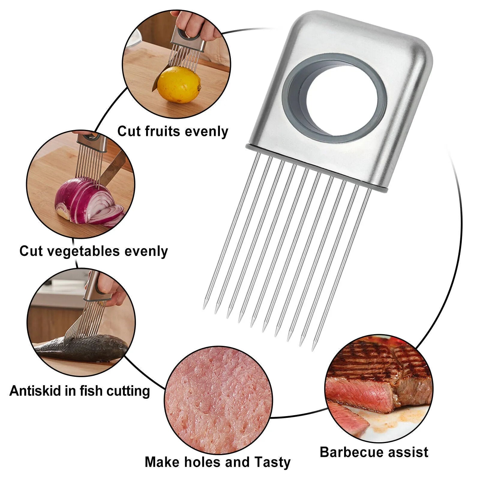 Stainless steel onion holder with sharp prongs and finger guard for vegetable slicing