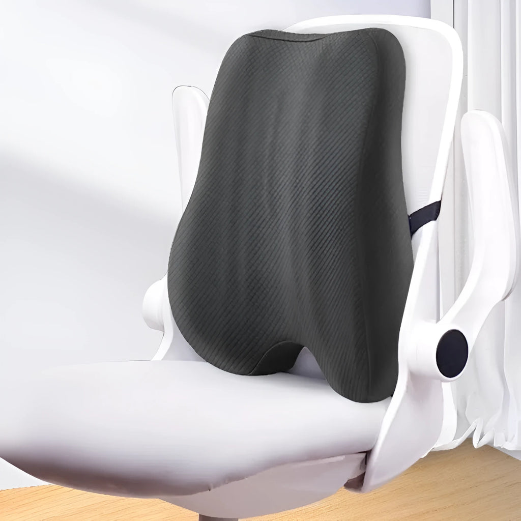 Grey lumbar support cushion for office chair, dimensions 40x40x8cm.