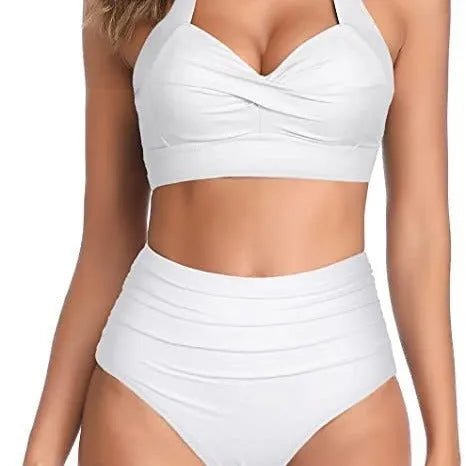 Women's split bow bikini swimwear in multiple colour options on a mannequin.