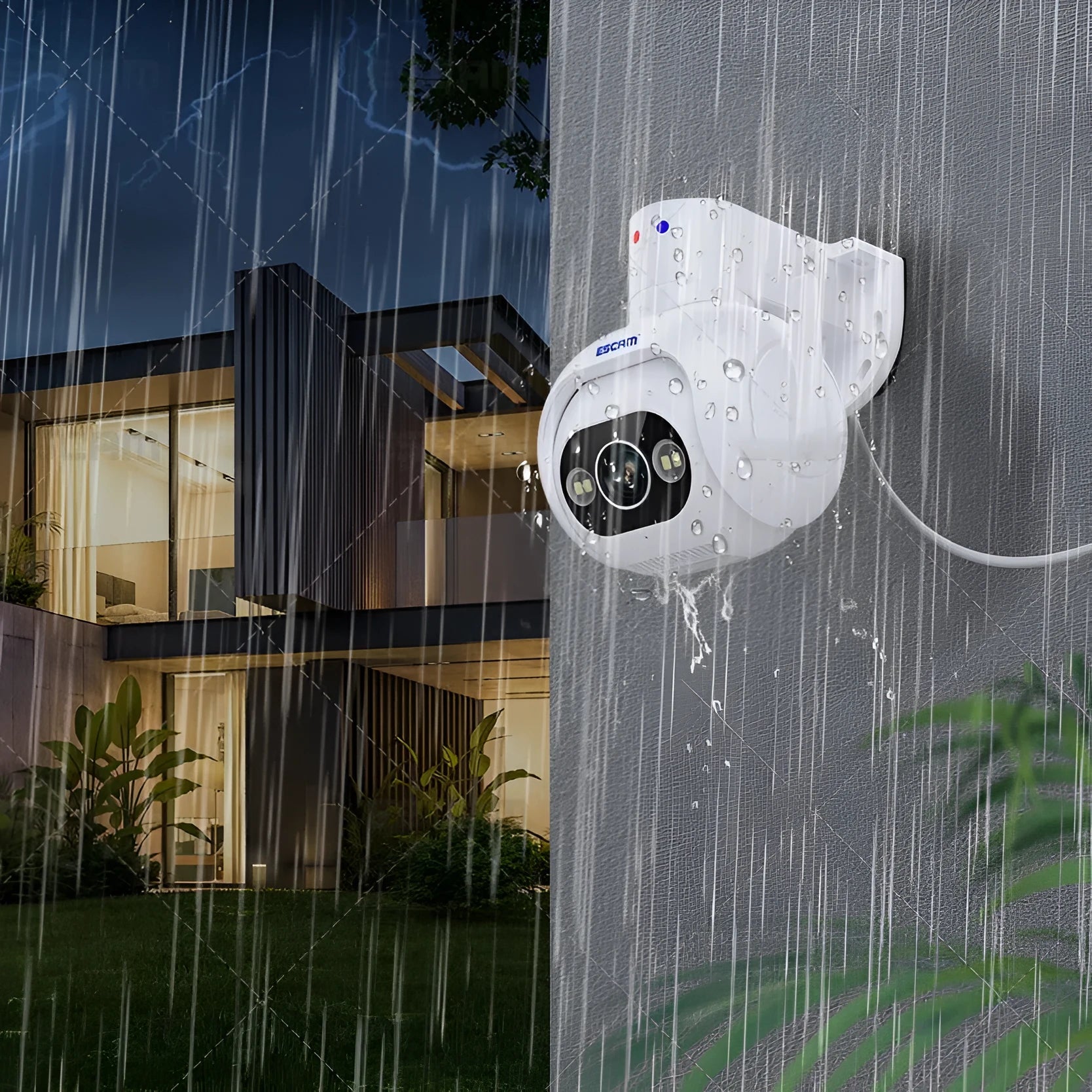White smart security camera with 4mm lens, wall mount bracket, and IP66 rating for outdoor use.