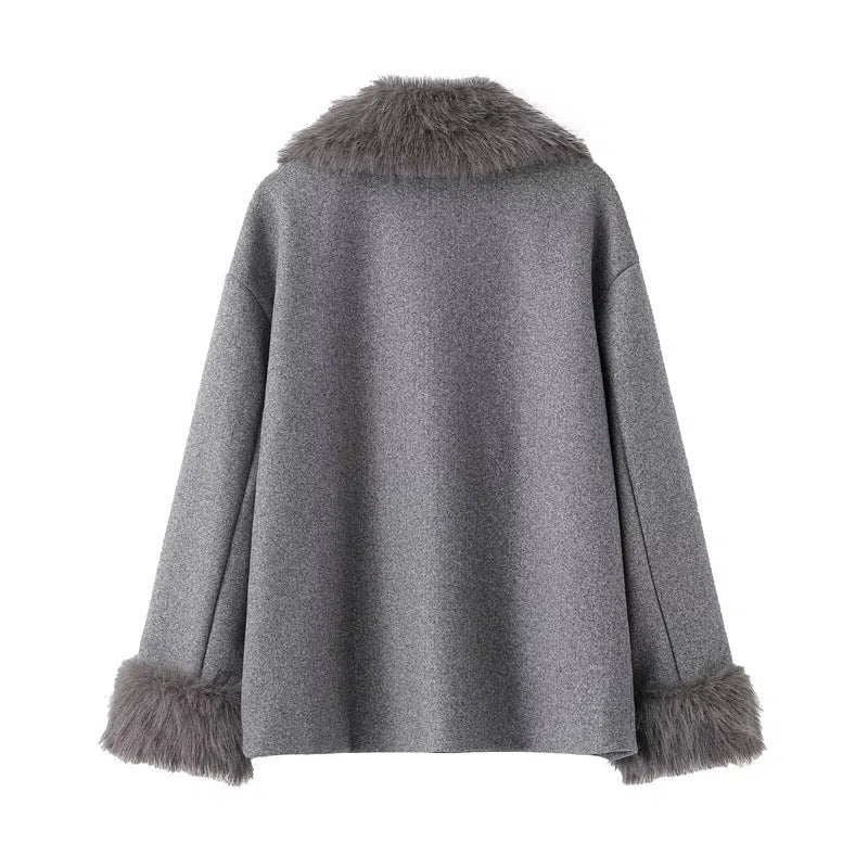 Women's grey mid-length hooded belted wool cape coat with faux fur collar, long sleeves, patch pockets
