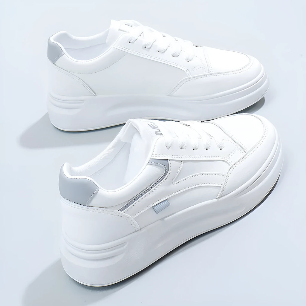 Women's casual sports board shoes artificial leather round toe lace-up solid colour white and green