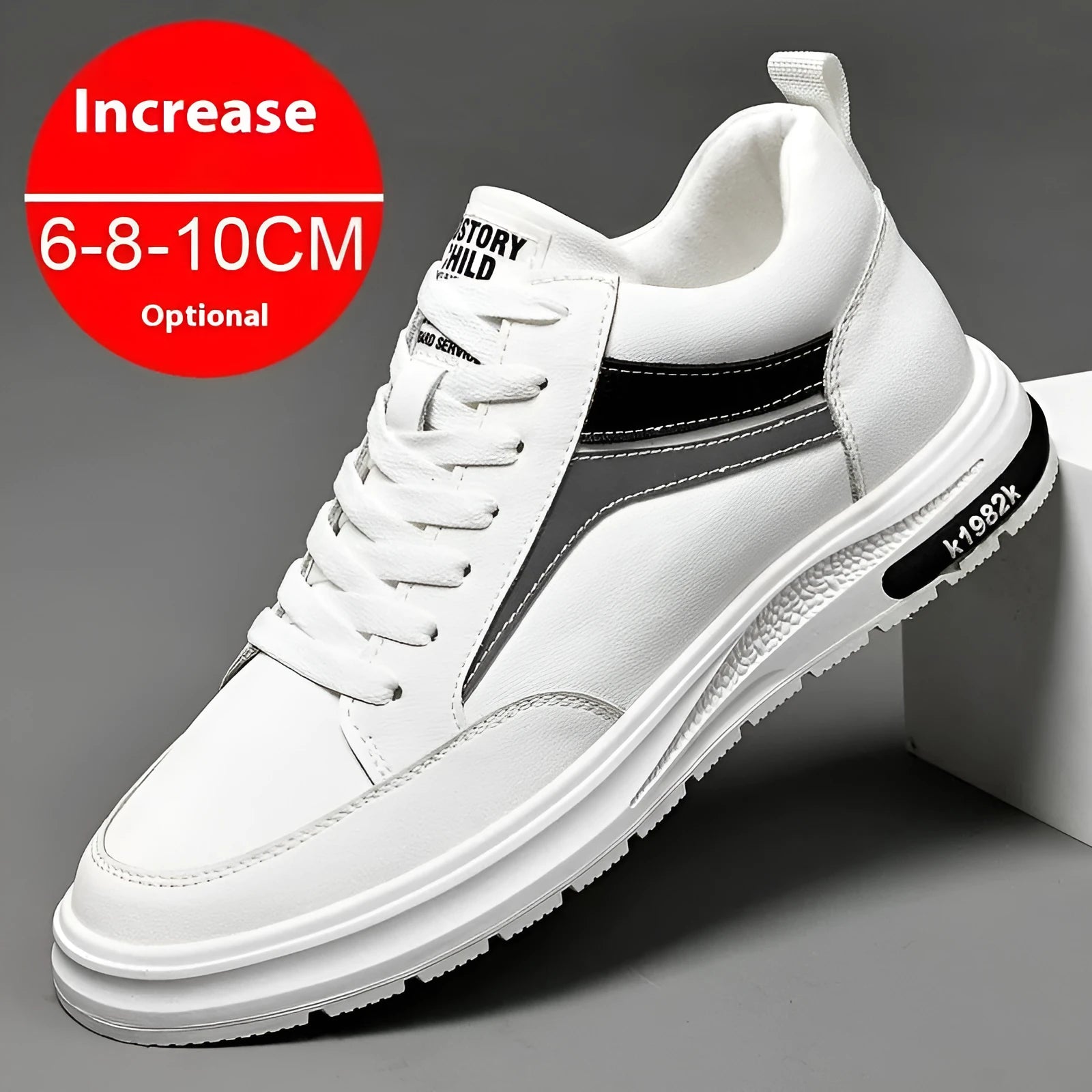 Men's black and white casual sneakers with height-increasing insoles and lace-up design