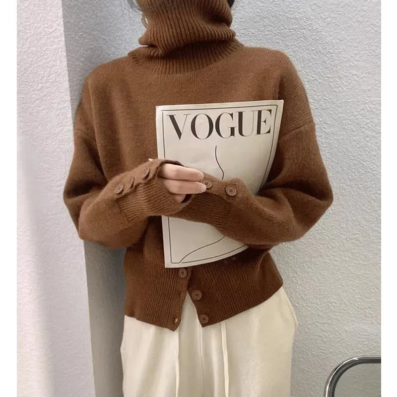 Design high waist button retro lazy style pullover sweater in cashmere blend, free size, available in multiple colours